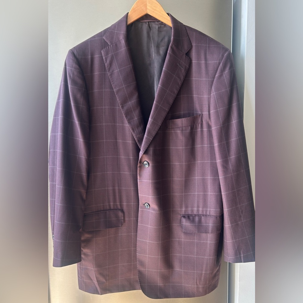 Custom Tailored Blazer Purple Brown Windowpane Wool Blend 46R